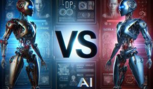 Two futuristic robots are showcased side by side against a backdrop filled with intricate digital panels. The left robot is adorned in gold and red elements with one glowing blue eye, while the right one features a cool-toned silver and blue design, with similar electronic blue eyes. A large