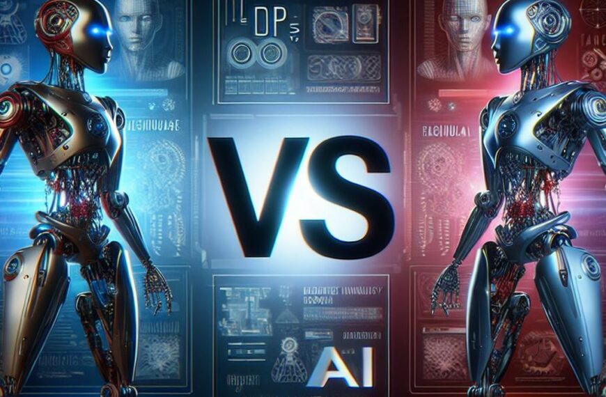 Two futuristic robots are showcased side by side against a backdrop filled with intricate digital panels. The left robot is adorned in gold and red elements with one glowing blue eye, while the right one features a cool-toned silver and blue design, with similar electronic blue eyes. A large