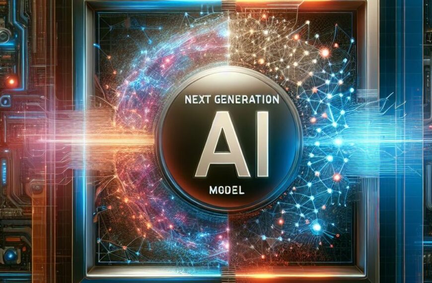 A vibrant and intricate artwork illustrates a futuristic AI model concept. Central to this visual is a large button labeled Next Generation AI Model.