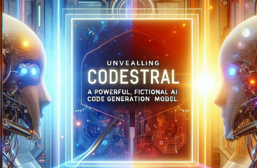 Two highly detailed robotic heads face each other against a backdrop infused with complex circuit designs and futuristic elements. A central framed section announces "Unvieling Codestral"
