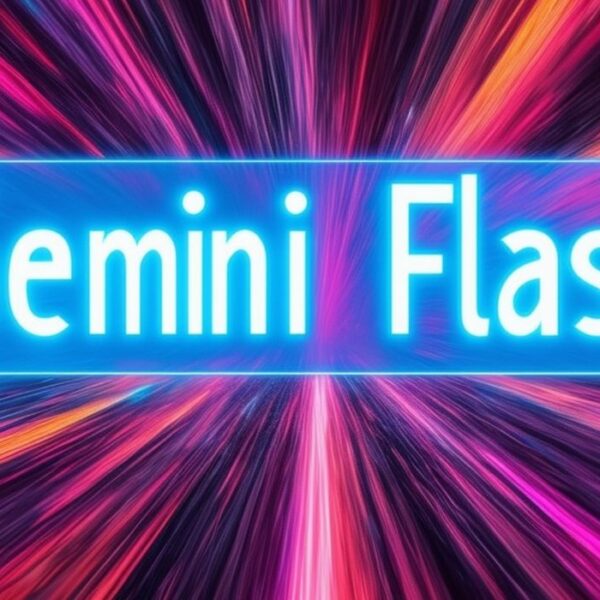 Bright neon colors in pink, blue, and purple streak across the background radiating from the center, creating a dynamic explosion of color. Centered in the image is a light blue rectangle with the words Gemini Flash.