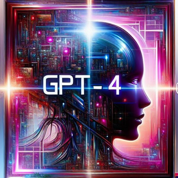 Vibrant digital artwork blends futuristic and technological themes, featuring a side profile of a humanoid head filled with intricate circuits and glowing elements. Overlaying this, bright neon lights frame the title reading GPT-4o.