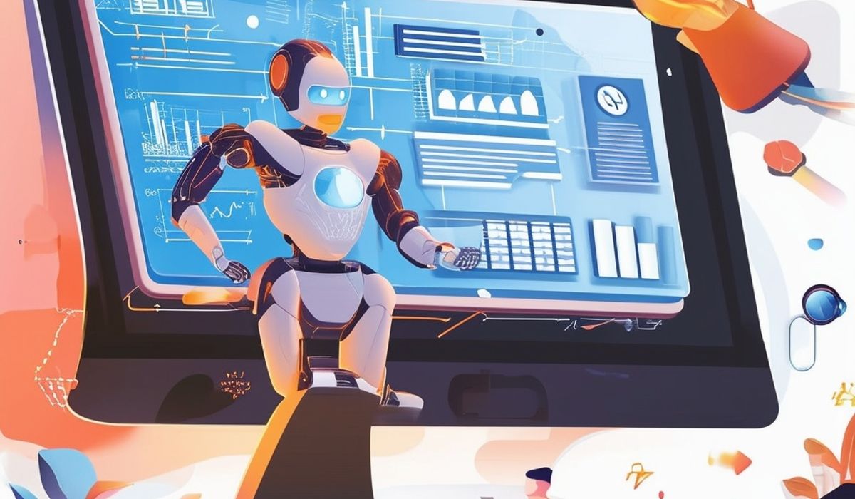 A futuristic robot stands in front of a large digital screen displaying blueprints and data visualizations. The robot has a sleek design with a glowing chest piece, and appears to be interacting with the screen using hand gestures. There are various colorful elements and abstract shapes surrounding the primary scene, giving the image a high-tech, modern aesthetic.
