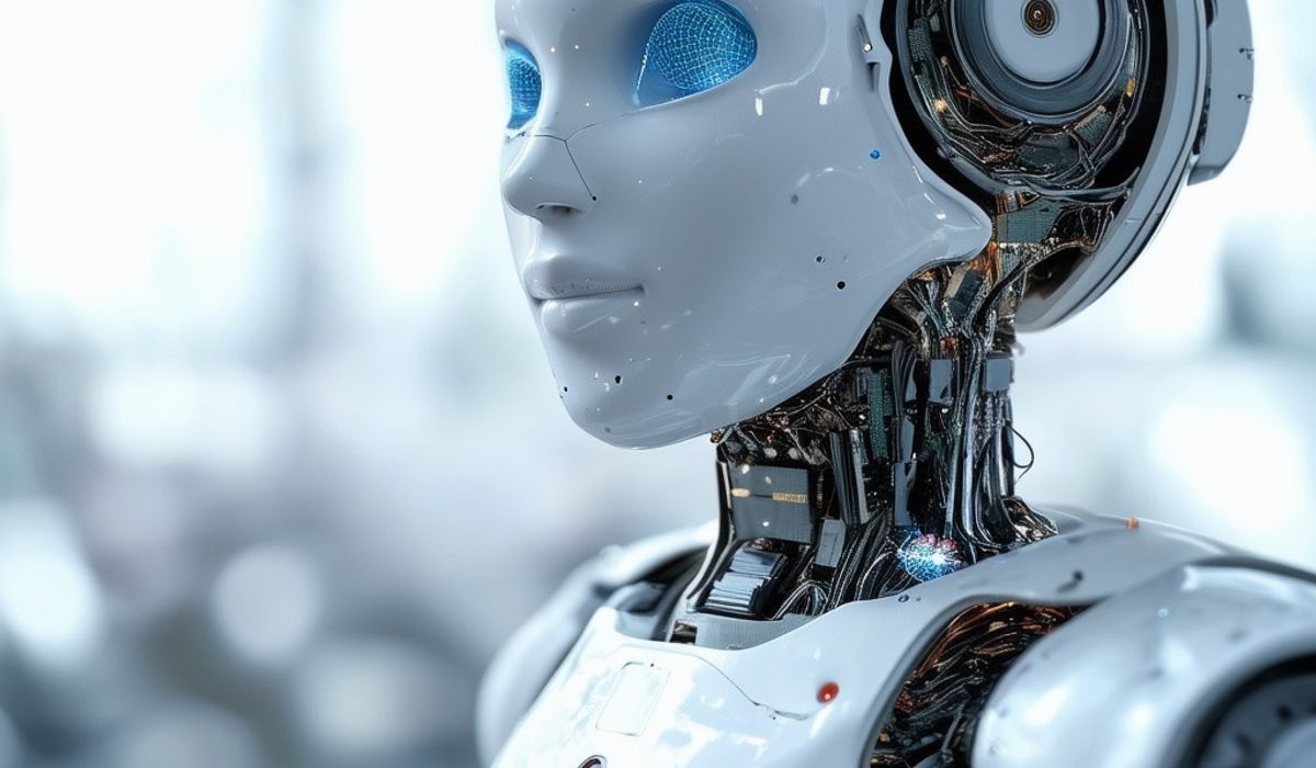 A humanoid robot with a sleek, white exterior and illuminated blue eyes is highlighted. The intricacy of its internal circuitry is visible around its neck and chest area, conveying advanced technology. The background is blurred, emphasizing the robot's detailed design.