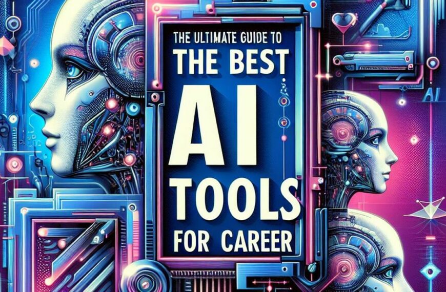 Digital artwork of robotic, futuristic faces in profile on either side of the center. The center showcases the text "The Ultimate Guide to the Best AI Tools for Career".