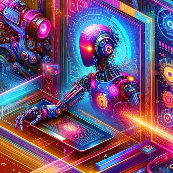 A futuristic and colorful scene depicting a cybernetic being interacting with a complex digital interface. The background is filled with vibrant hues of pink, blue, and orange, and intricate machinery and luminous circuits surround the central figure. The being appears to be using a high-tech device resembling a laptop.