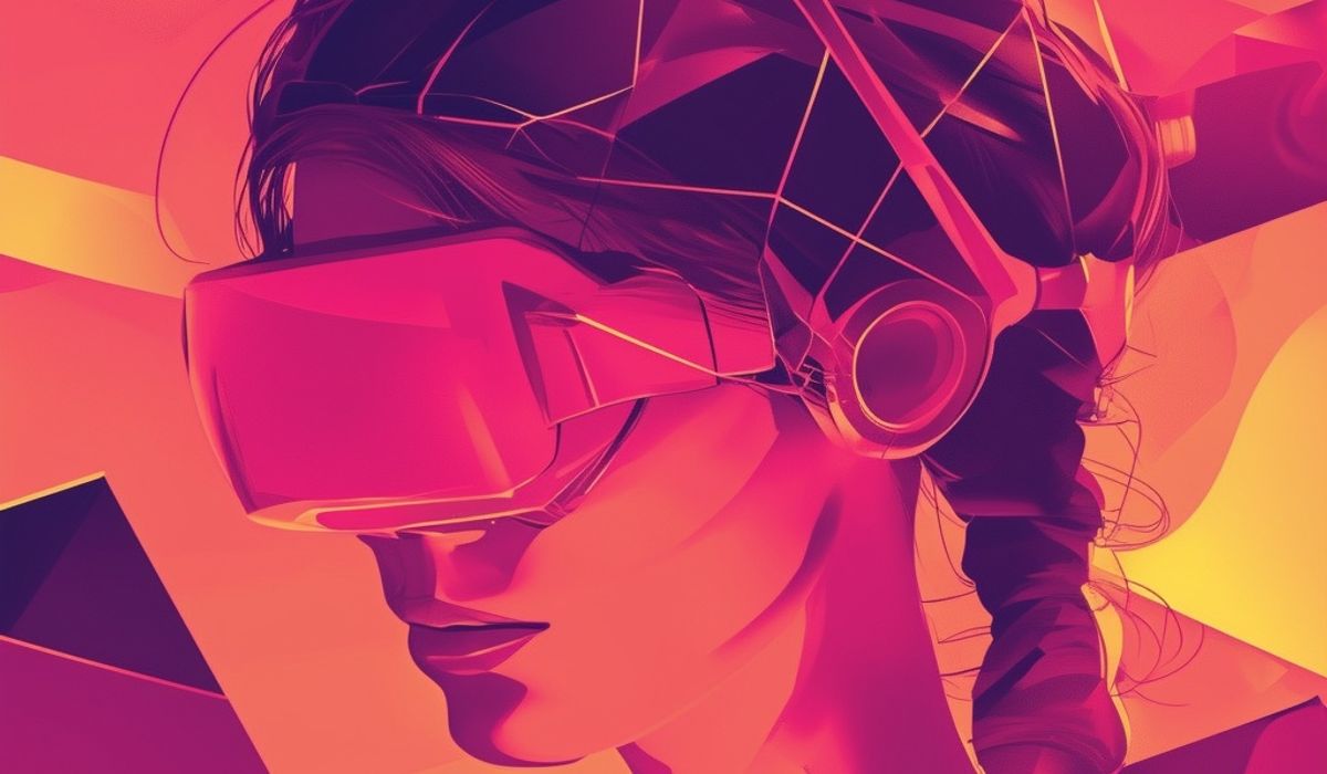 A person wearing a virtual reality headset with a futuristic design, illustrated in a bold, geometric art style with vibrant pink and orange colors.
