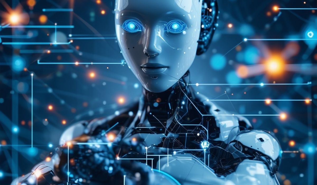 A humanoid robot with glowing blue eyes is surrounded by a digital interface with various geometric shapes and lines. The background is dark with bright blue and orange lights, giving a futuristic and high-tech atmosphere.