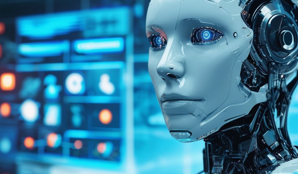 A humanoid robot with a sleek, metallic surface stands in front of a blurred background filled with futuristic interfaces and holographic displays. The robot's face is detailed with expressive, glowing blue eyes, and intricate mechanical components are visible around its head and neck. The color scheme primarily features cool shades of blue and grayscale, conveying a high-tech and advanced atmosphere.
