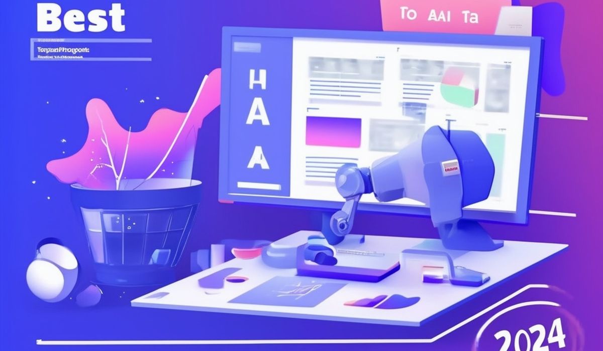 A futuristic workstation with a robotic arm working at a computer terminal displays various charts and graphs. Colorful, abstract elements float around a basket-like object beside the setup. The environment is primarily in shades of blue and purple with some pink highlights.