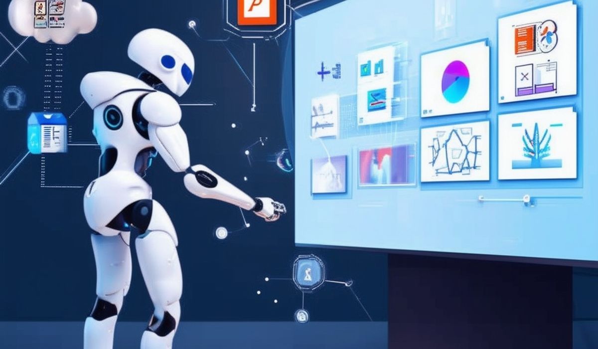 A humanoid robot interacts with a large touchscreen display showing various graphical data and charts. The robot appears to be in a technologically advanced environment with digital elements surrounding it, suggesting a futuristic or highly digitalized setting.