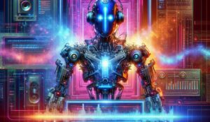 A robotic figure with a glowing chest and headphones stands against a vibrant, futuristic background filled with colorful lights and electronic equipment.