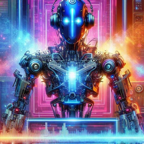 A robotic figure with a glowing chest and headphones stands against a vibrant, futuristic background filled with colorful lights and electronic equipment.