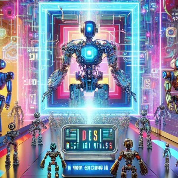 A group of various robots in a futuristic environment featuring vibrant neon colors and digital displays. The scene highlights a prominent, larger robot at the center, surrounded by smaller robotic figures. The setting appears technologically advanced with intricate details and glowing panels.