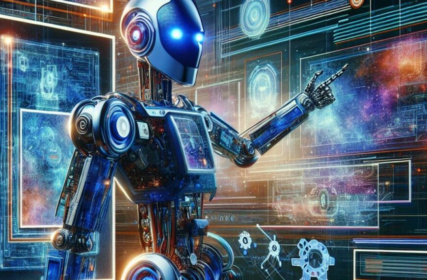 A futuristic robot with vibrant blue and metallic parts is interacting with holographic displays, pointing at various graphical elements and technical diagrams in a high-tech, digital environment.